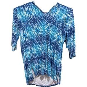 Porto Cruz Women Boho Tunic Top Plus 1X Blue All Over Print Hooded Casual
